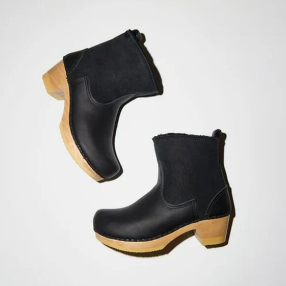 No. 6 - 5" Pull on Shearling Clog Boot on Mid Heel in Black Suede - Picture 4 of 7